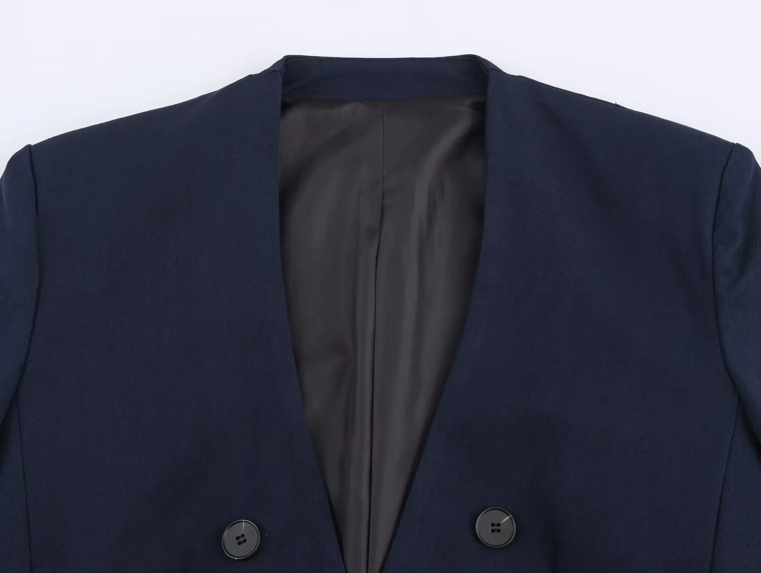 2025 boutique lieu de travail veste de costume sans col pour femme pantalon à jambes droites costume bleu marine pour femme veste double boutonnage droite