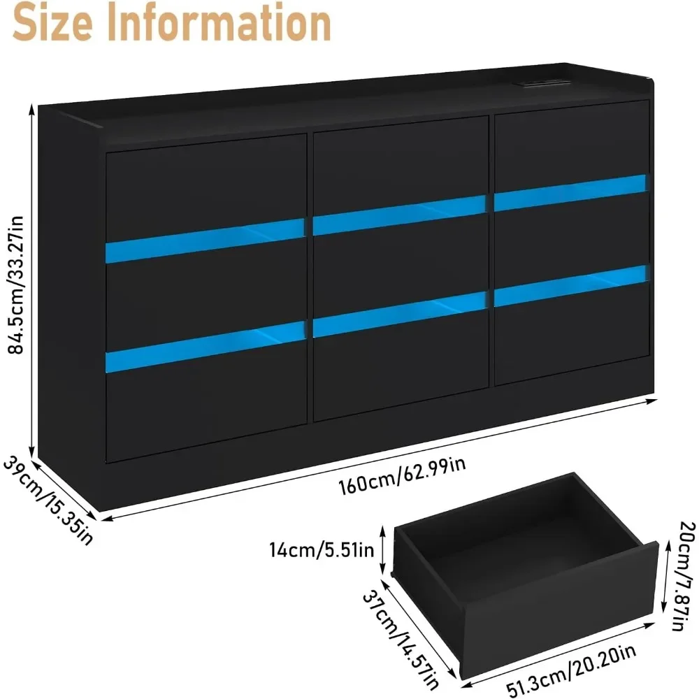 9 Drawer Dresser w/ Charging Station,60000-color LED Lights,Modern Chest of Drawers w/ Power Outlet,Wooden Storage Dresser