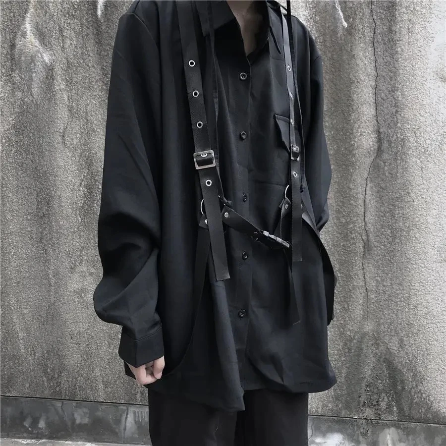 Techwear 바지 세트 남성 펑크 3 피스 의상 블랙 카고 바지 긴 소매 셔츠, 한국 스트리트웨어 힙합 봄