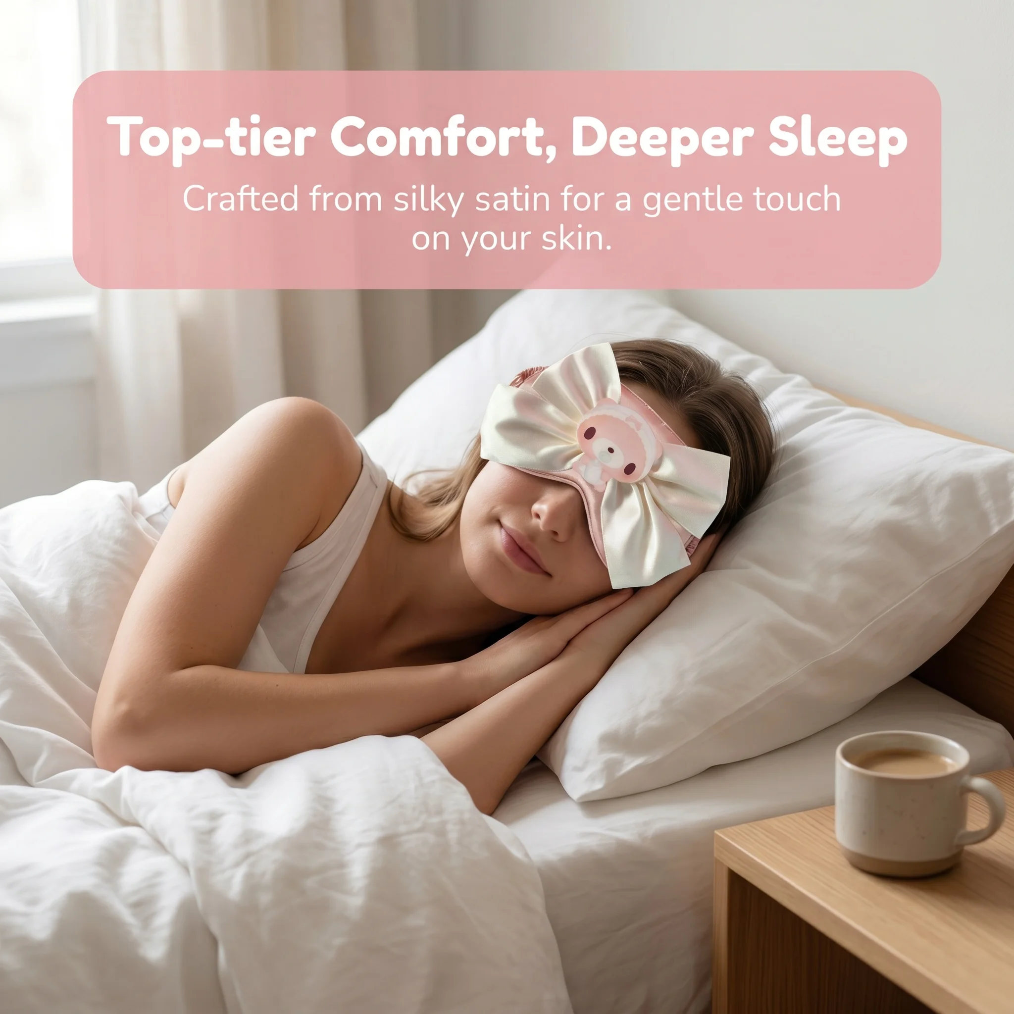 Cute Bow Satin Sleep Eye Mask with Cartoon Bear Decor, Soft Light Blocking Blindfold for Night Rest