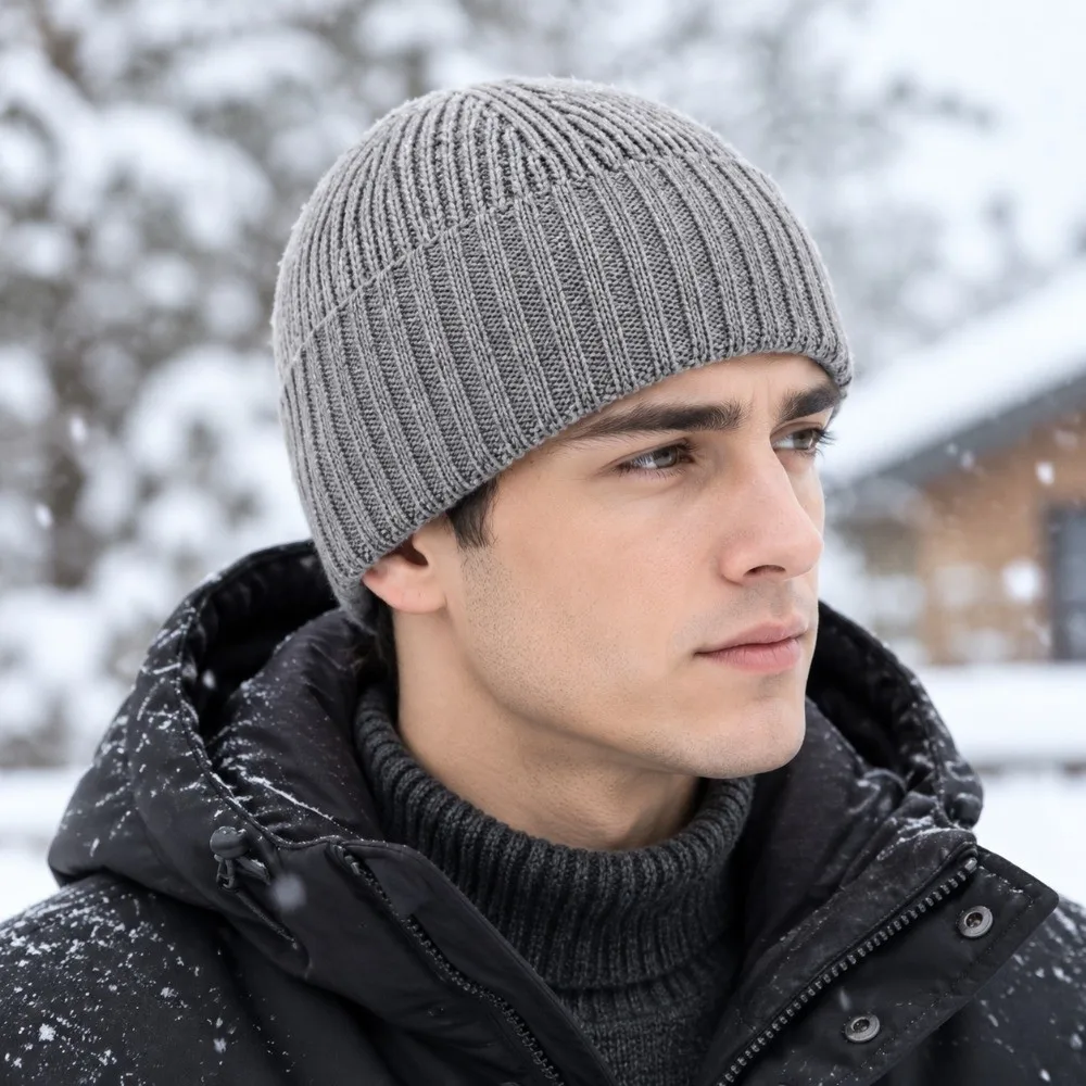 Casual Soft Striped Knitted Beanie Solid Color Lightweight Short Crochet Landlord Cap Thermal Windproof Warm Men Cap Driving
