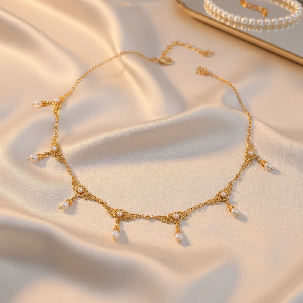 

Retro Byzantine Era 14K Gold Filled Synthetic Pearl Charm Filament Choker Scroll Pattern Baroque Necklace Anti-rust Fine Jewelry