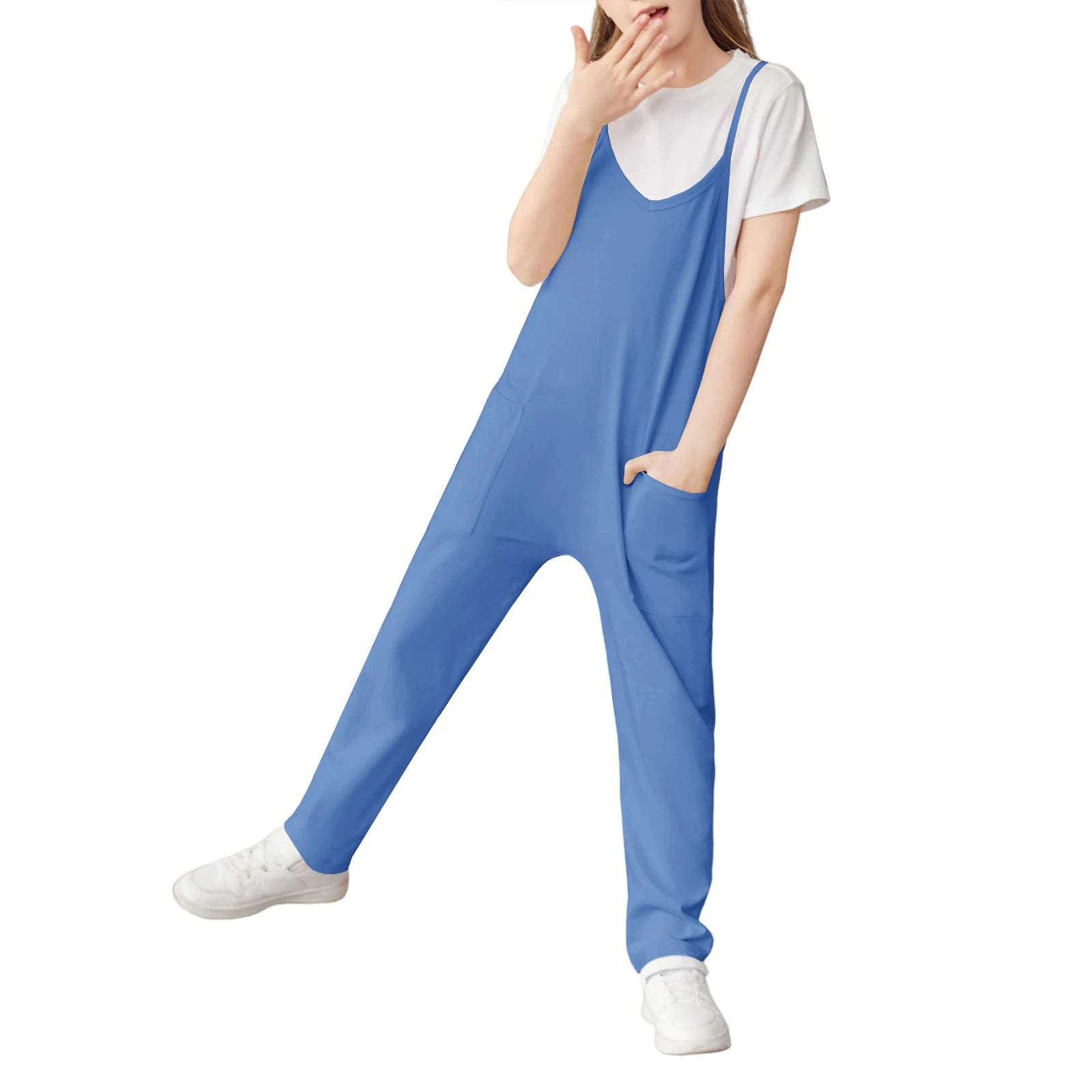 Summer fashion casual girls V-neck halter jumpsuit solid colour loose with pockets lightweight trousers girls