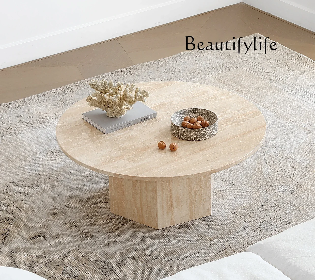 Light luxury simple natural travertine coffee table villa home living room wabi sabi French retro round table