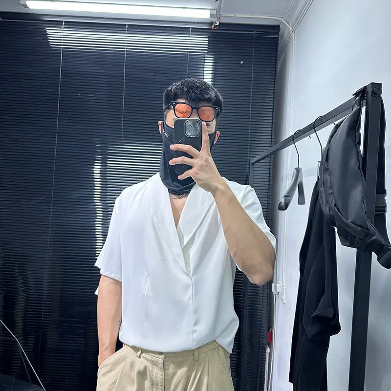 Dark Short-Sleeved Shirt Men's Summer Versatile Solid Color Casual Fashion Pu Handsome Five Points Underwear Avant-Garde Coat