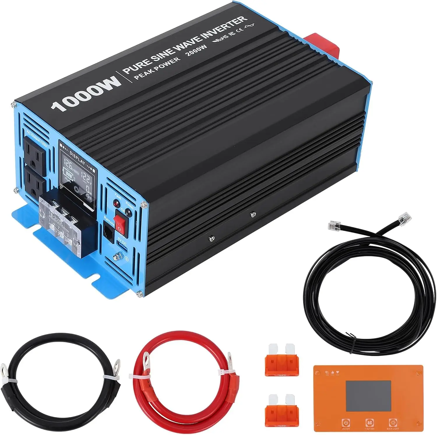 

2200W Pure Sine Wave Inverter 12V to 120V, 2 AC Outlets + USB, Remote Control, ETL Certified, GFCI Protection