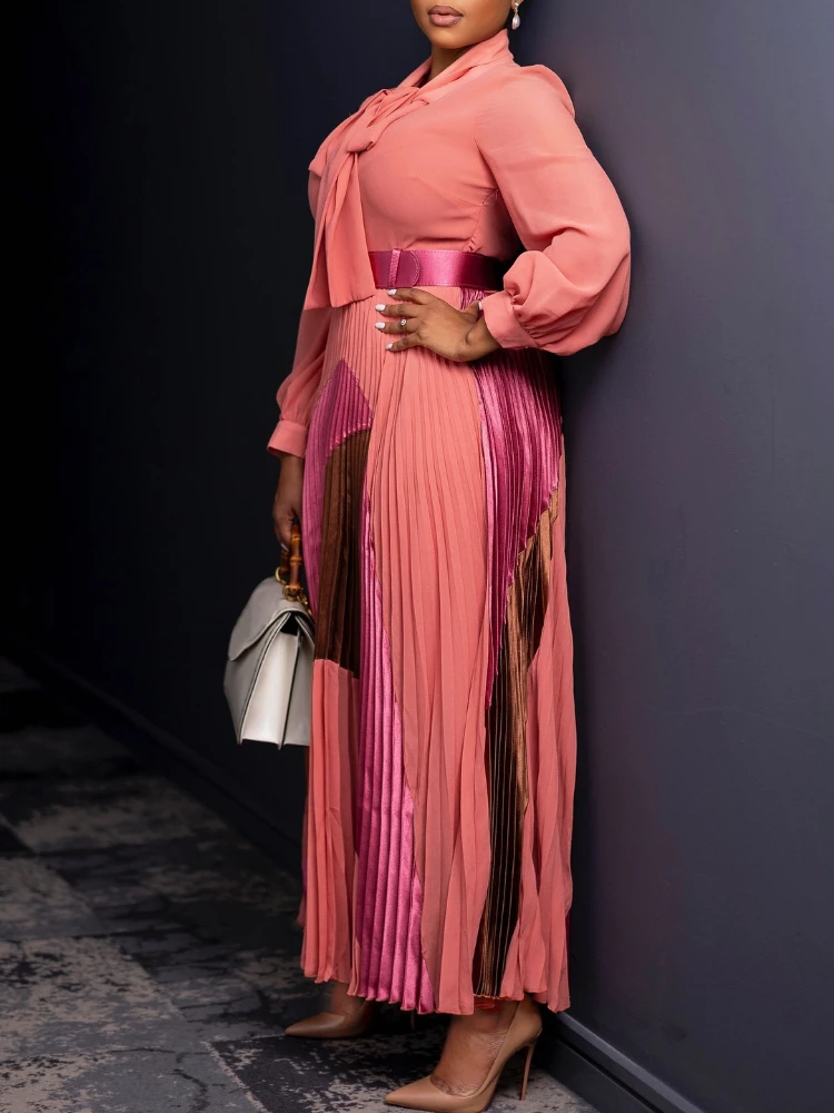 Elegant Women\'s Pleated Maxi Dress Autumn New Style Lace Up Pleated Long Sleeved Color Matching Fashion Birthday Wedding Guest