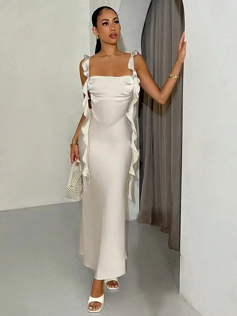 

Elegant White Satin Ruffle Strap Maxi Dress for Evening Party