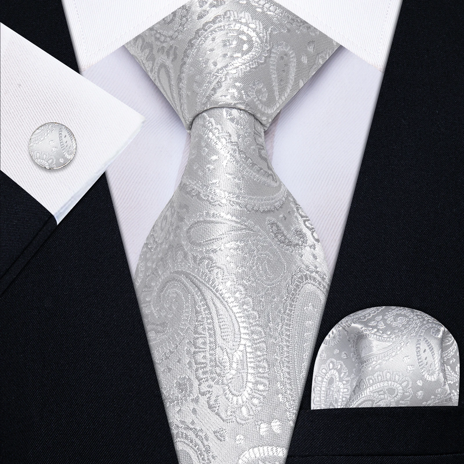 Männer Schwarz Weiß Grau Krawatten Gestreiften Paisley Floral Hochzeit Formale Krawatte Taschentuch Manschettenknöpfe Geschenk Dropship – Detail 3
