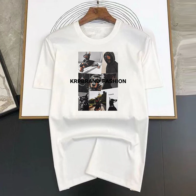 Men's Oversized Cotton T-Shirt Luxury Casual Dobermann Print Crew Neck Short Sleeve Solid Color Graphic T Shirts Harajuku