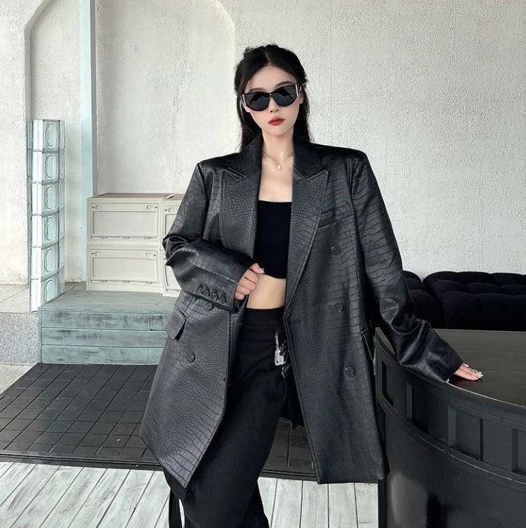 เสื้อคลุมยาวสีดำ แจ็คเก็ตหนังยาว เสื้อผ้าผู้หญิง สไตล์ใหม่ ฤดูใบไม้ผลิ ฤดูใบไม้ร่วง ระดับไฮเอนด์ ทรงหลวม สบายๆ สง่างาม