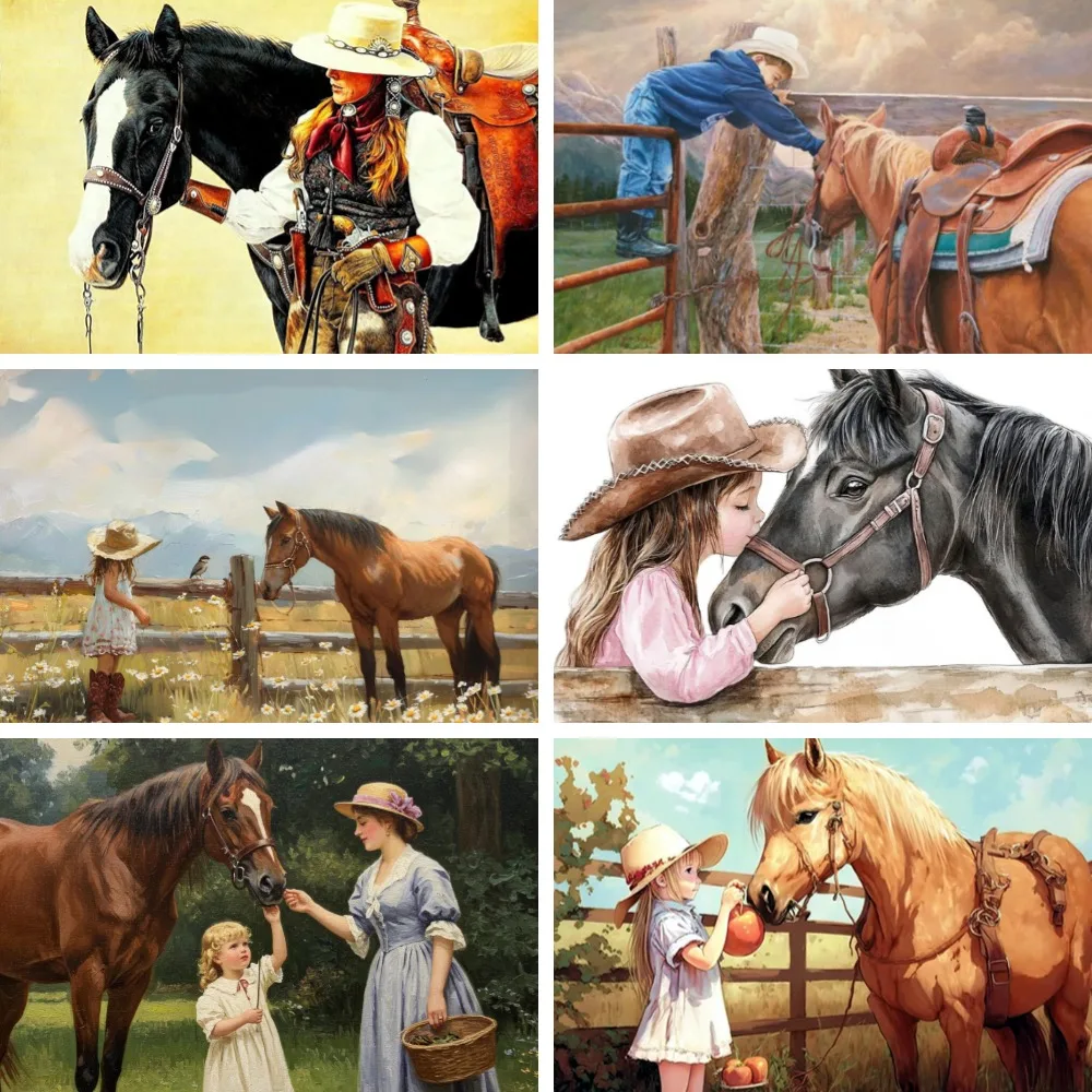 

DIY Child and Horse Diamond Painting Picture Of Rhinestones Mosaic , Cowgirl Cowboy Nursery Decor , Embroidery Beaded Wall Decor