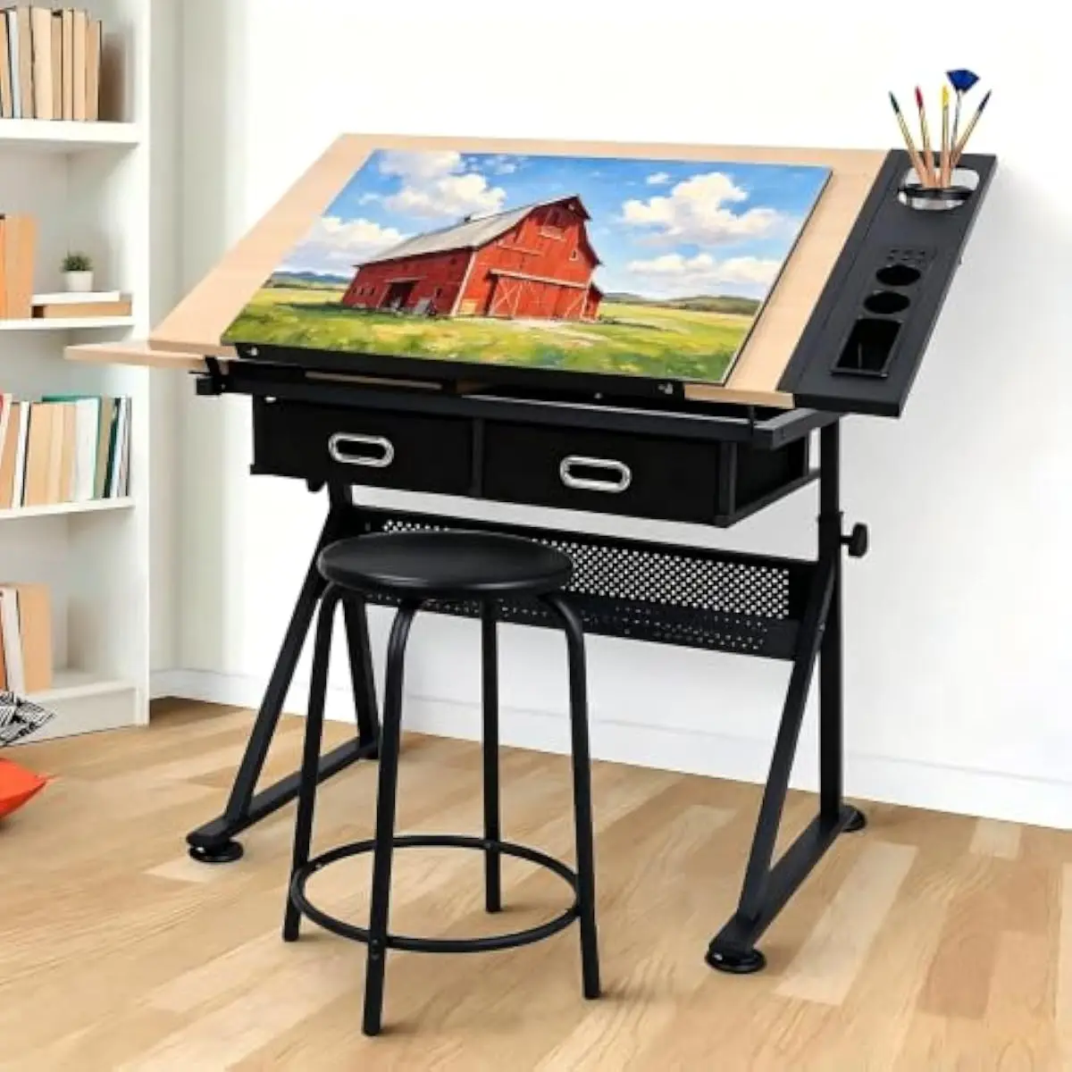 Adjustable-height drafting desk with 0°–75° tilt function, white oak engineered wood top, polished metal base, two 6.6-lb fabric