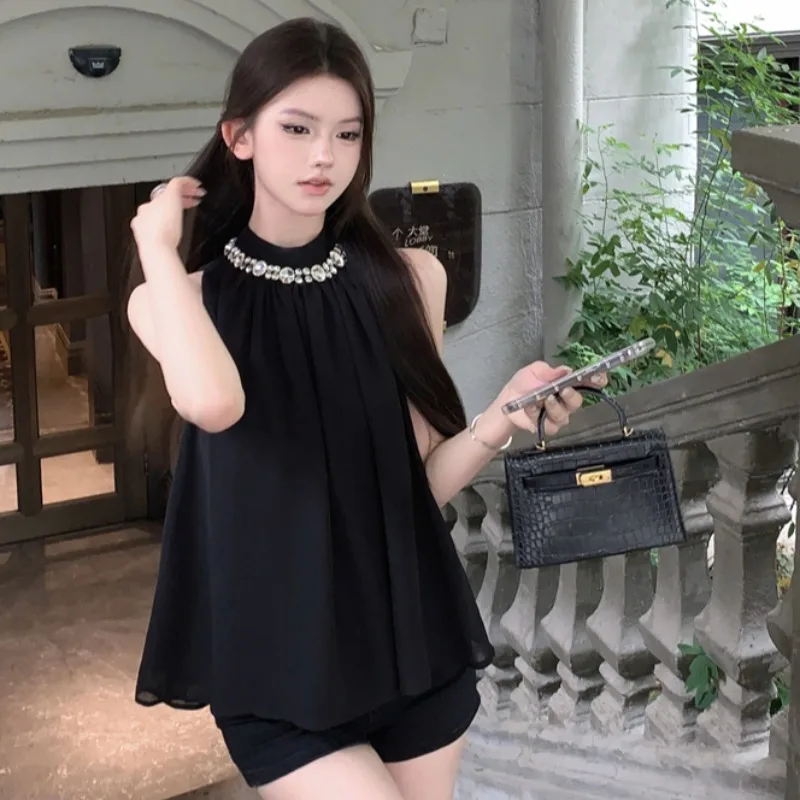 

Elegant Black Off-Shoulder Loose Chiffon Top Women's Luxury Style Slimming Versatile Sleeveless Shirt Korean Style Commute