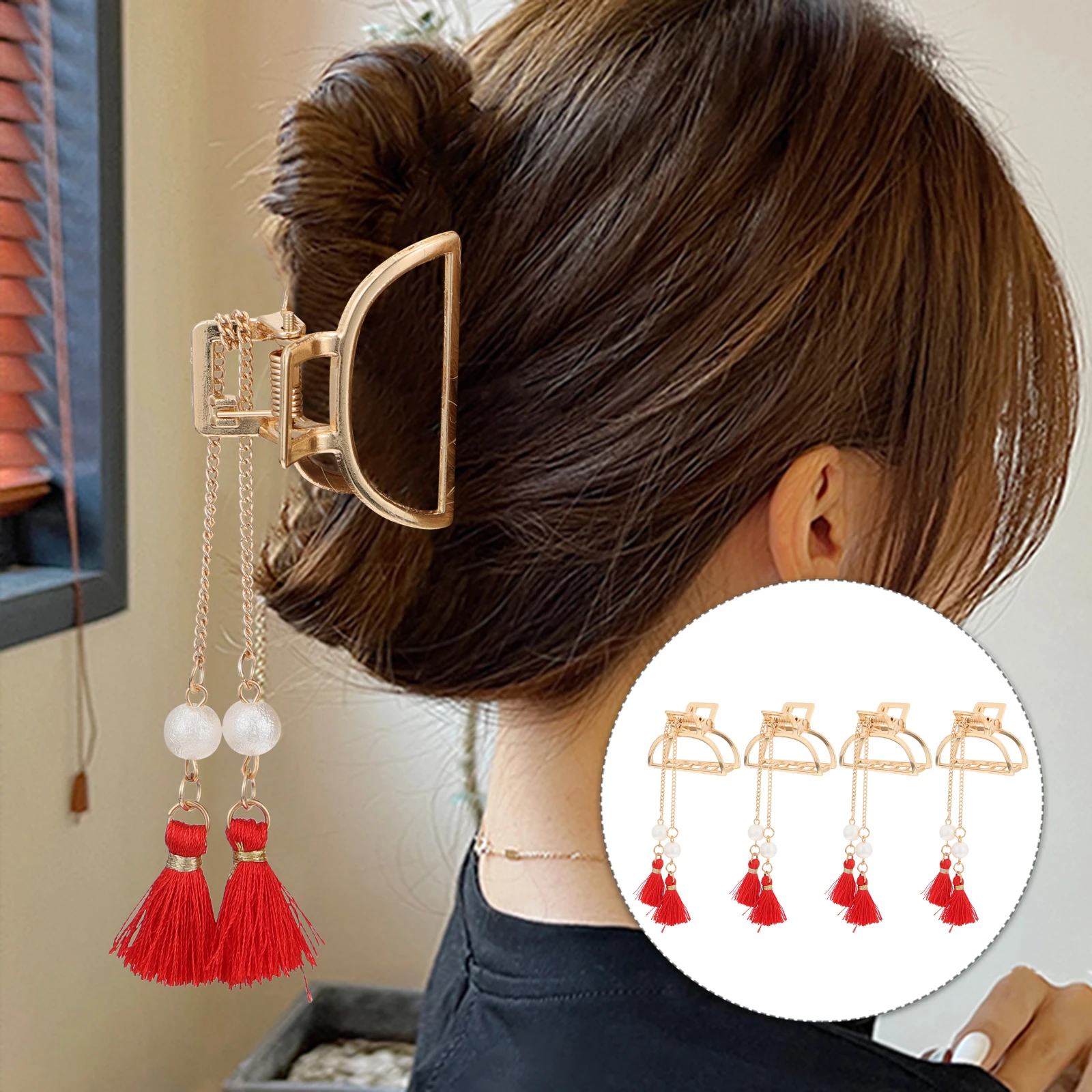 

3pcs Metal Claw Clip Durable Tassel Hair Clamp For Women Styling Wedding Party Use Dangle Pearls Hair Jaw Clip Holders Tools