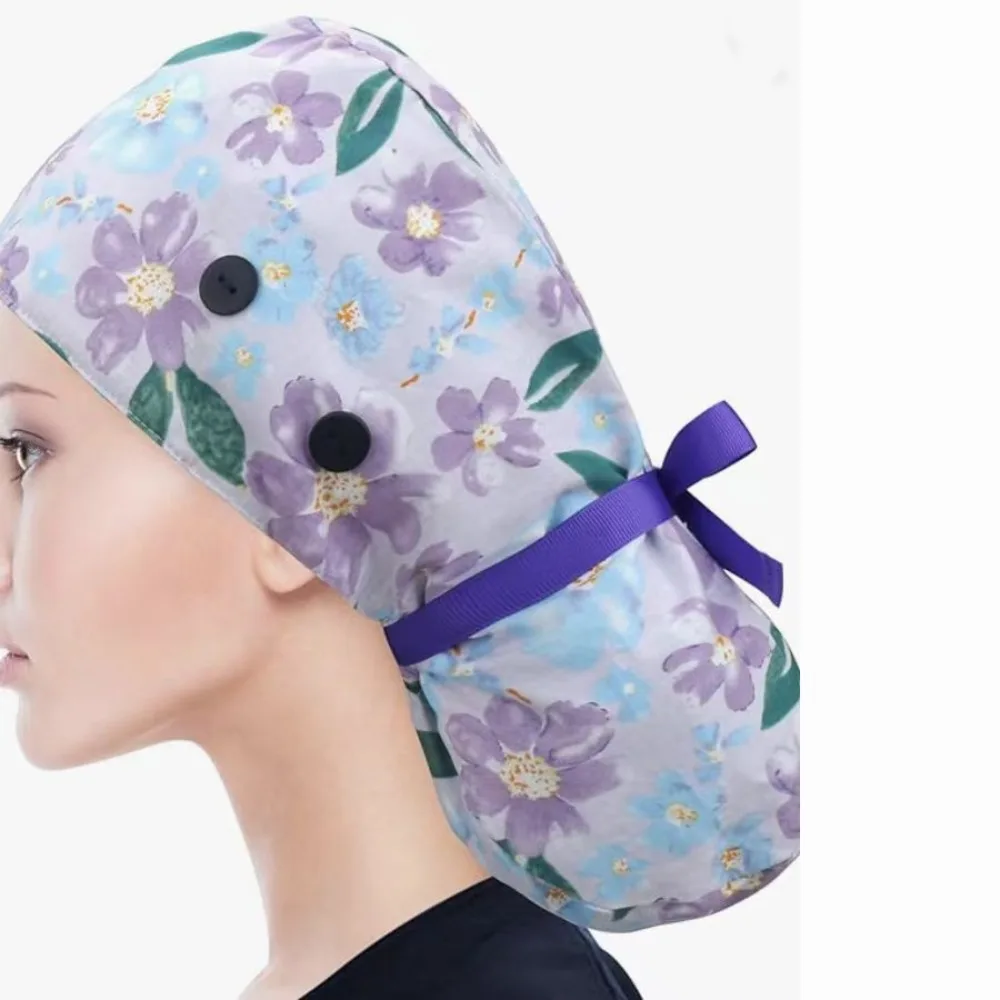 Practical Ponytail Pouch Satin Scrub Caps Button Closure Frizz Reducing Working Cap Adjustable Tie Nurse Scrub Caps Unisex