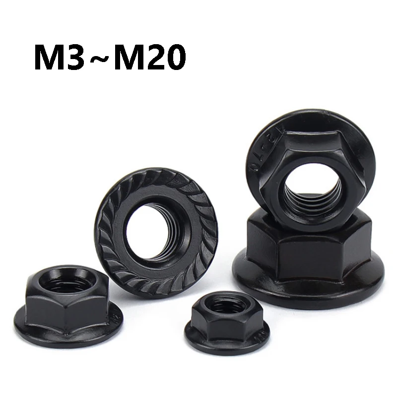 Yiqianyuan M3 M4 M5 M6 M8 M10 M12 M14 M16 M20 Flange Nut Lock Nut SUS304 Stainless Steel Black Hexagon Hex Serrated Spinlock