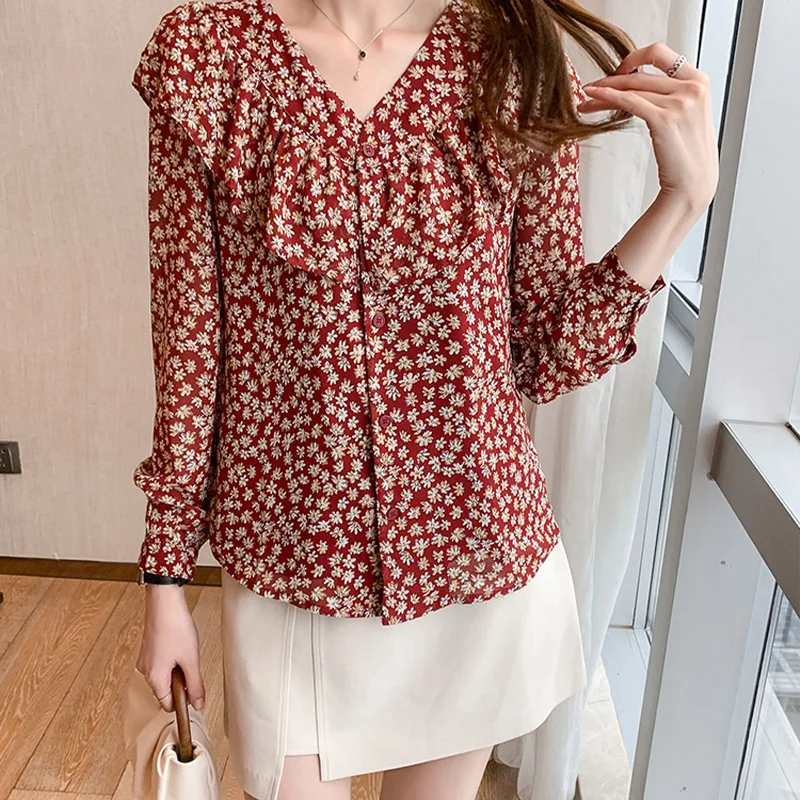 Women Clothing Vintage V-neck Long Sleeve Tops Autumn Fashion Easy Matching Office Lady Blouse Loose Casual Chiffon Shirts