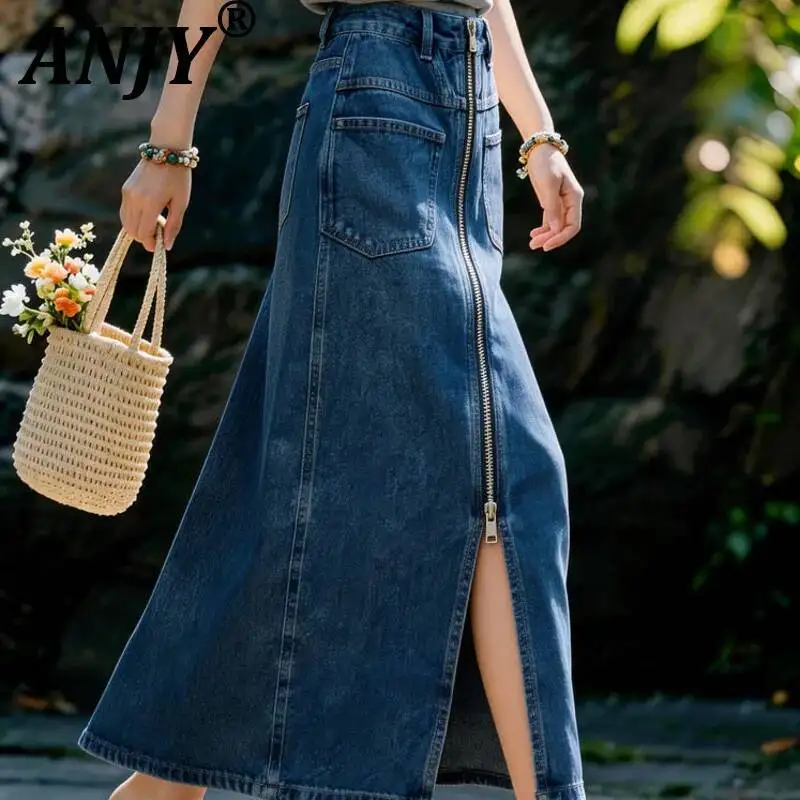 

ANJY Spring Summer New Women Washed Vintage Zipper Pocket Slim Denim Skirt High Street Versatile Split Straight Niche Ins A23579