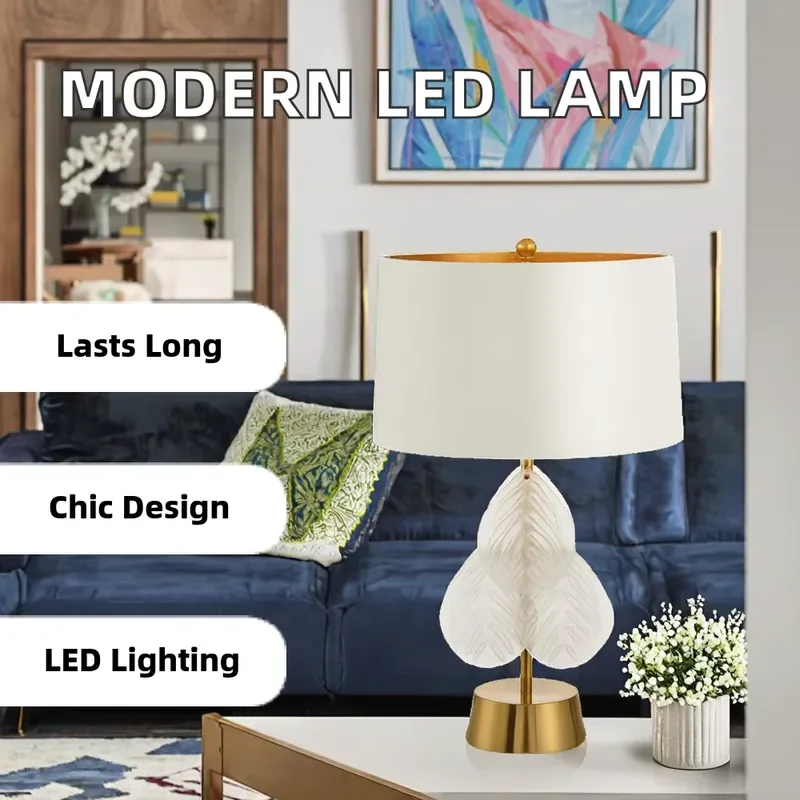 American Post Modern LED Desk Lamp Simple Creative Gold Fabric Leaf Glass Dome Shade Wrought Iron E26 Base Home Office
