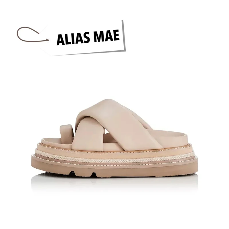 Alias Mae Hoogwaardige Zomer Lederen Platte Bodem Ronde Top Teen Crossband Dames Slippers