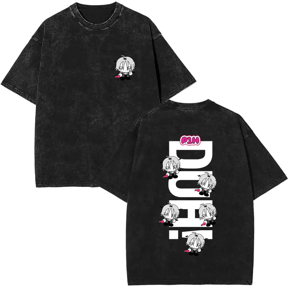 

Korean Kpop P1Harmony 2025 DUH Cartoon Style Vintage Washed T-shirt Cat Funny Meme T Shirts Men Women Fashion Oversized Tshirt