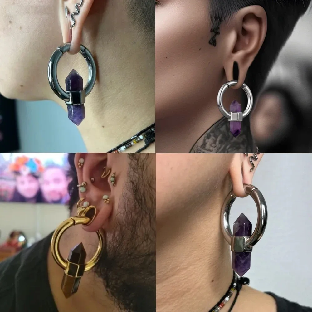 1PC Copper Round Amethyst Ear Weights Hangers For Stretched Ears Gauges Ear Plugs Tunnels Body Piercing Jewelry for Women Men