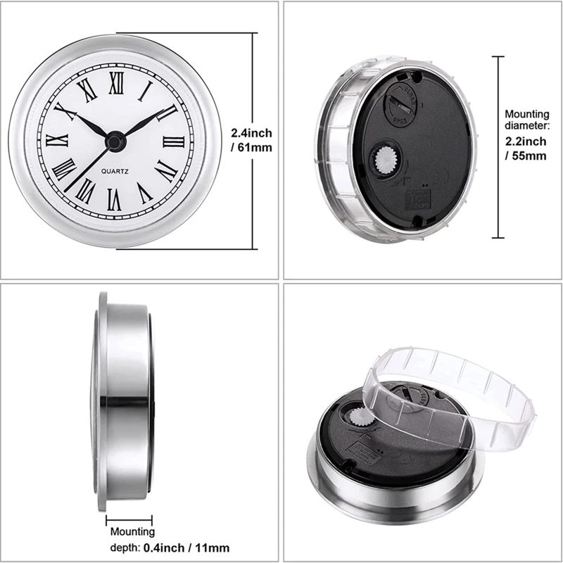 Mini horloge à quartz ronde avec cadran blanc, horloge l'inventaire, lunette, chiffres romains, insertion d'horloge, mouvement d'ajustement, 2.4 pouces, 61mm