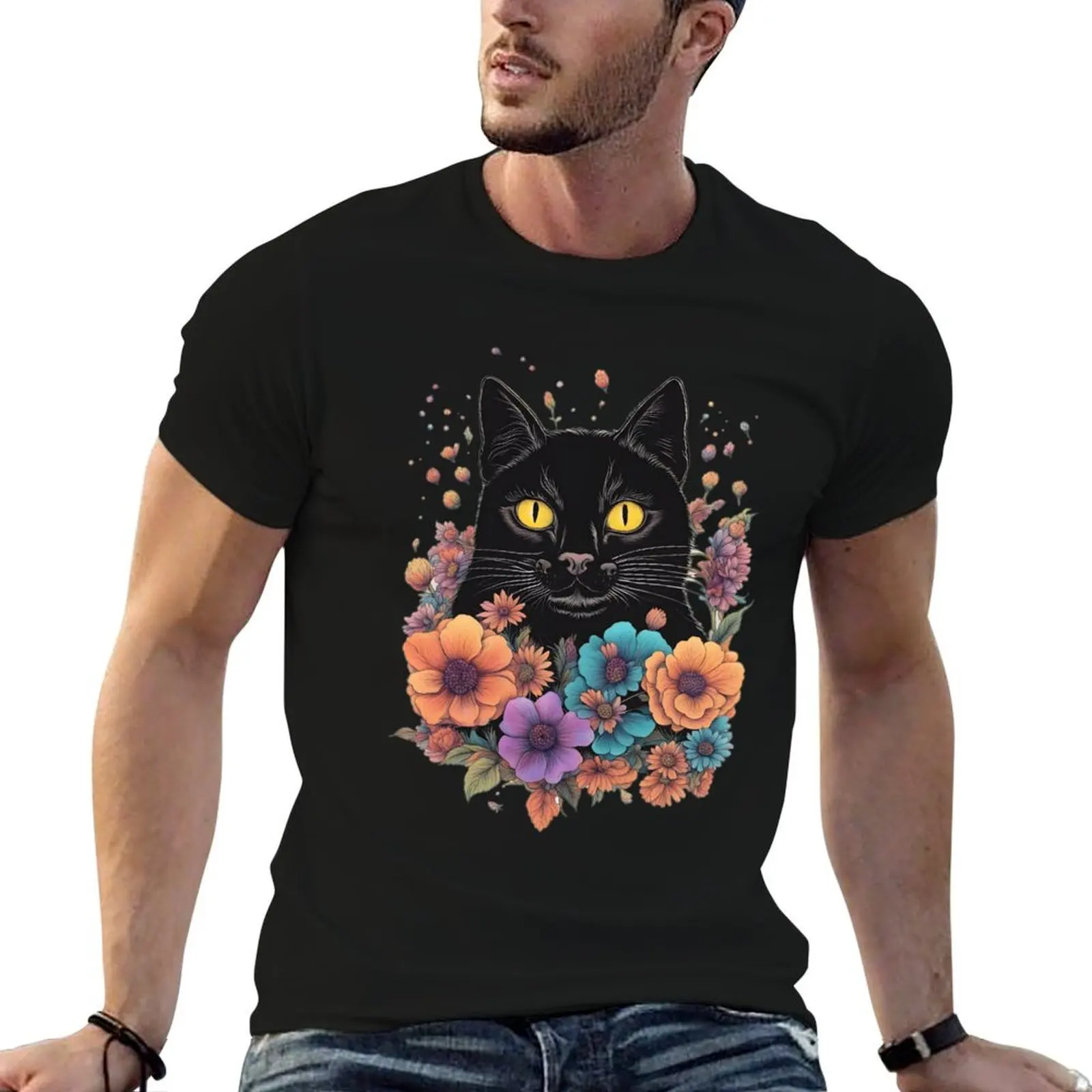 

Black CAt with Plants and flowers cats and floral Surreal illustration T-Shirt t shirts with prints T-Shirt