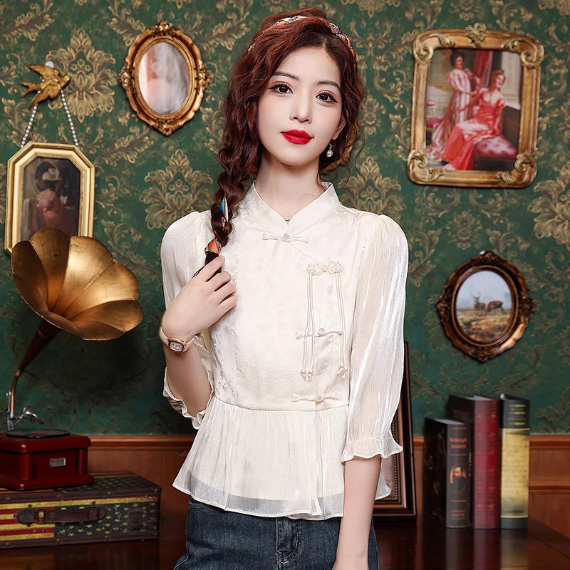 Summer Stand Collar Women Blouse Casual Chinese Style Chiffon Blouse Shirt Women Tops Blusas Mujer De Moda 2024 Verano J206
