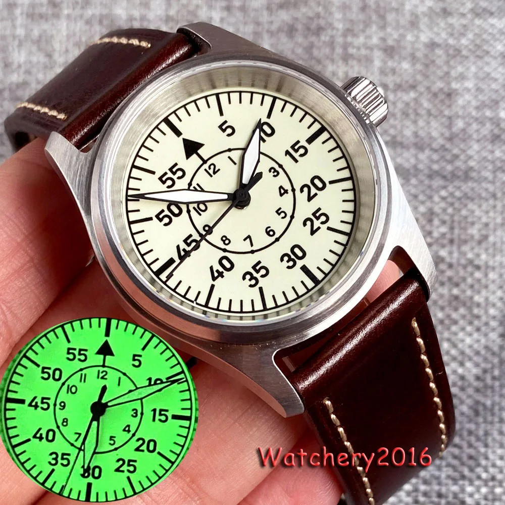 

Tandorio Pilot 36mm 20ATM Waterproof Diving Green Luminous NH35A Automatic Watch Mens Brushed Brown Leather Strap