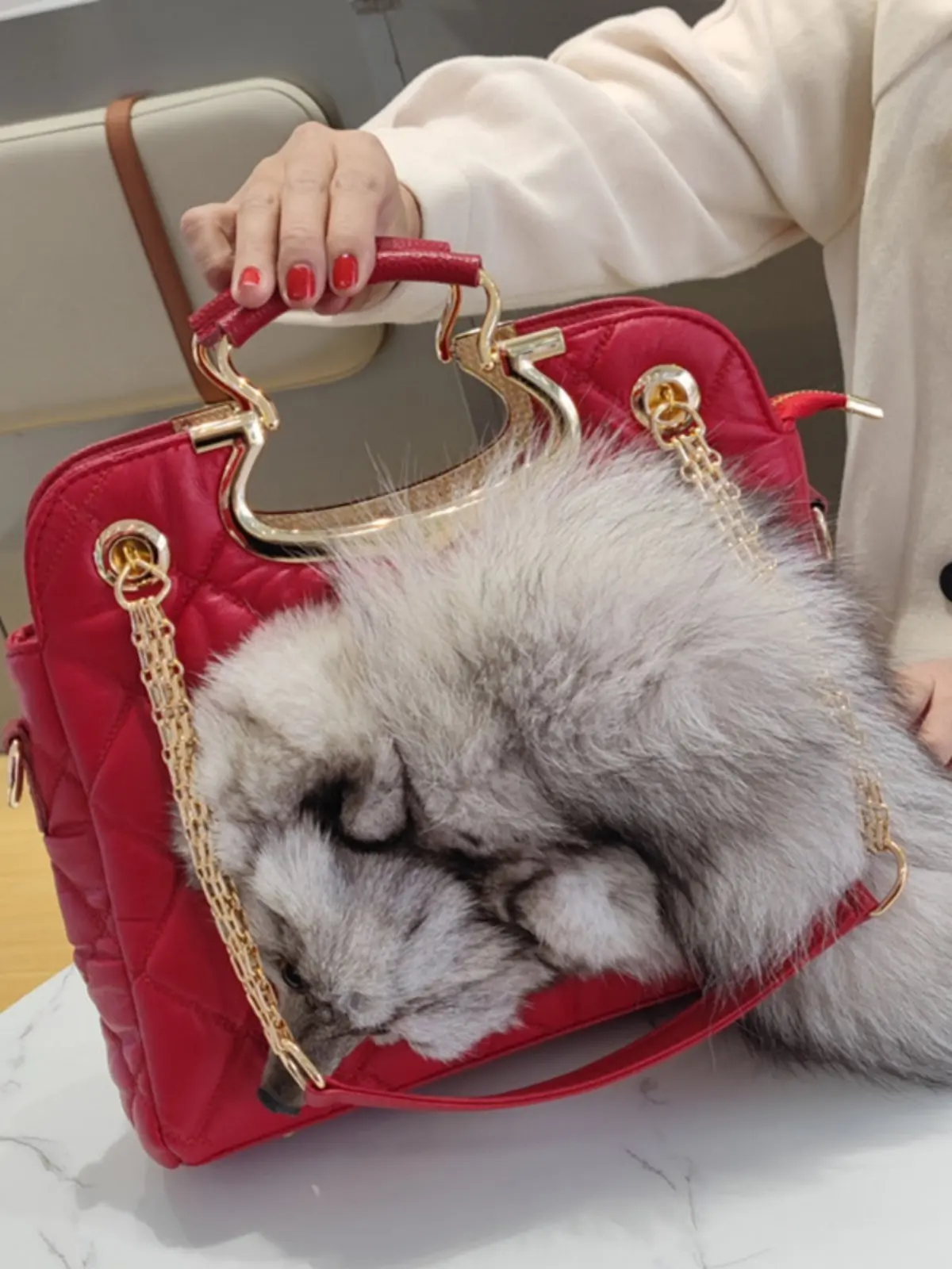 Fashion Genuine Leather Handbag Rhombus Chain Big Bag 2025 New Trendy Temperament Wild Shoulder Fox Fur Bag