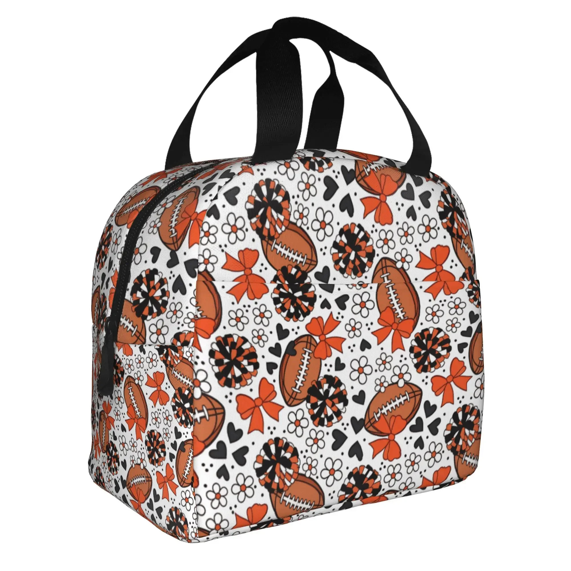 Rugby Union Cheer Bows Football  Lunch Bag Men Women Orange Black Warm Cooler Insulated Lunch Boxes for School