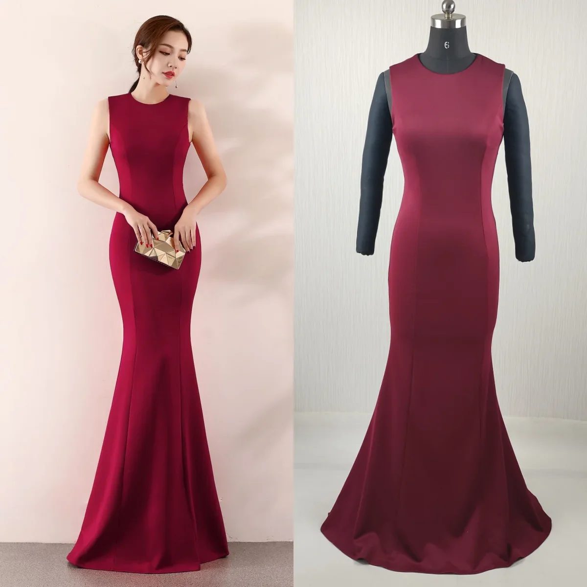 Real Photo Customized Evening Dress Burgundy O-neck Sleeveless Mermaid Trumpet Floor Length Party Formal Gown Robe De Soiree