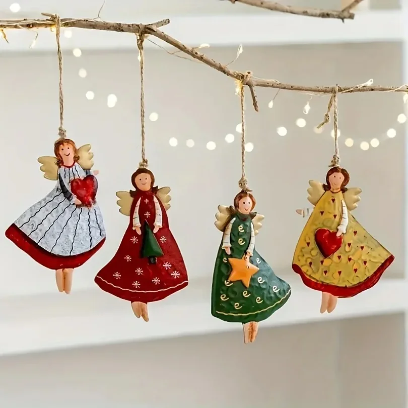 

4PCS/Set Vintage Angel Hanging Decor Fantasy Wooden Xmas Tree Hanging Ornament 2025 Navidad Decor for Home 2026 New Year Gift