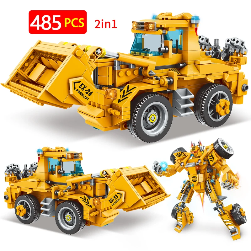 485Pcs City Engineering 2 in 1 Transformation Robot Vehicle Building Blocks Bulldozer Crane Truck Car Bricks Toys For Kids Gifts