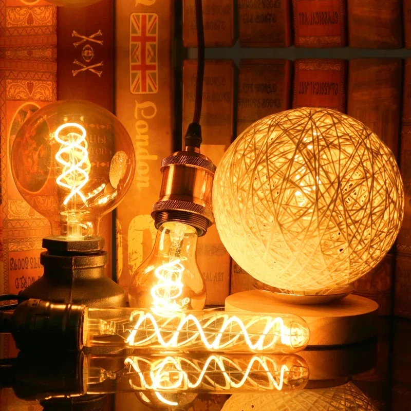 Imagem -03 - Lâmpadas Retro Espiral Vintage Luz Lâmpada Led Filamento Iluminação Decorativa Dimmable Edison Lâmpada A60 T45 St64 G80 G95 G125 4w 2200k