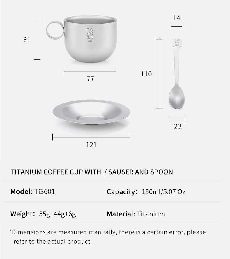 KEITH Kaffeetassen-Set aus reinem Titan, doppelwandiger, verbrühungssicherer Becher mit Untertasse und Löffel, 150 ml, für Zuhause, Camping, Büro, Geschenk Ti3601 – Detail 7