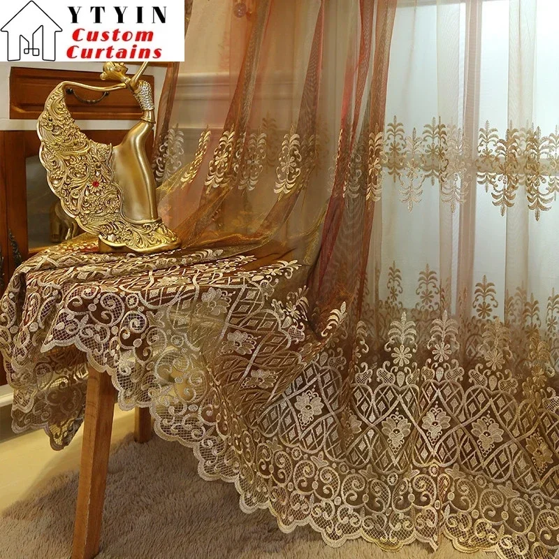 

Fashion European Embroidered Gauze Curtains Living Room Balcony Bedroom Window Customized Size Screen Finished Curtains Decor
