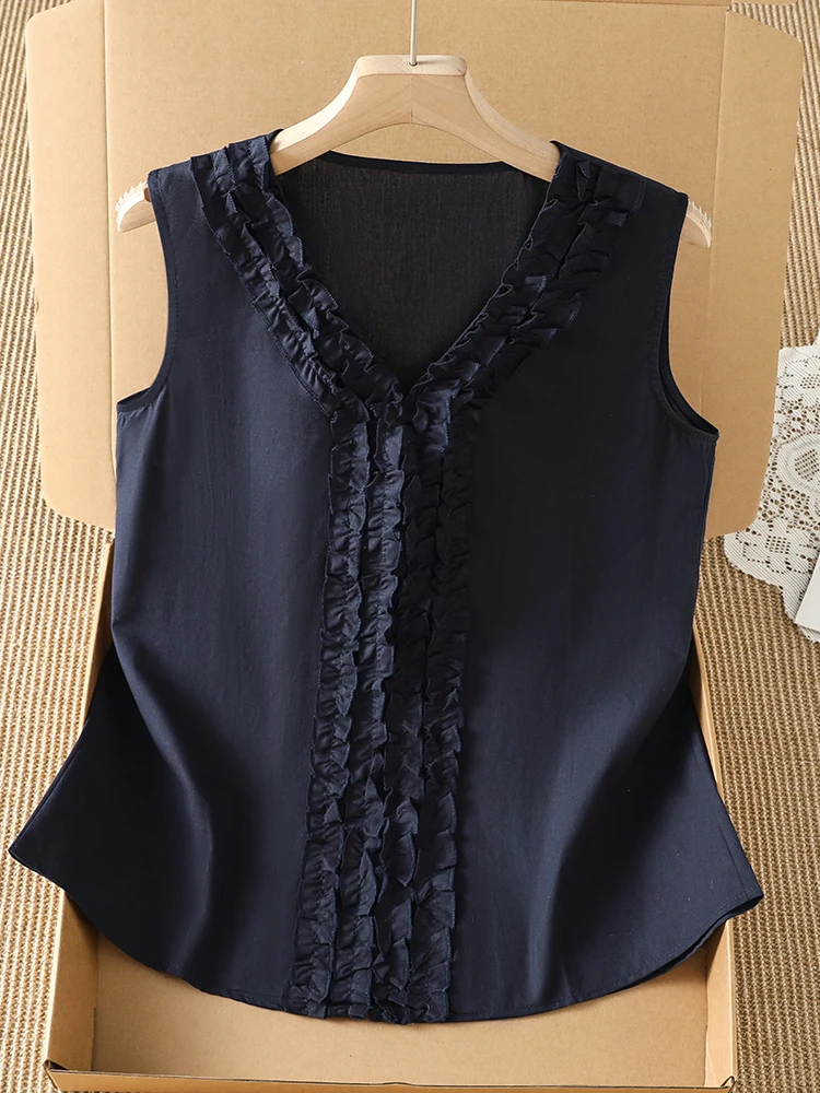 High-End plus Size Summer Thin  V-Neck Sleeveless Vest Loose Fit Versatile Wooden Ear Collar Top for Women