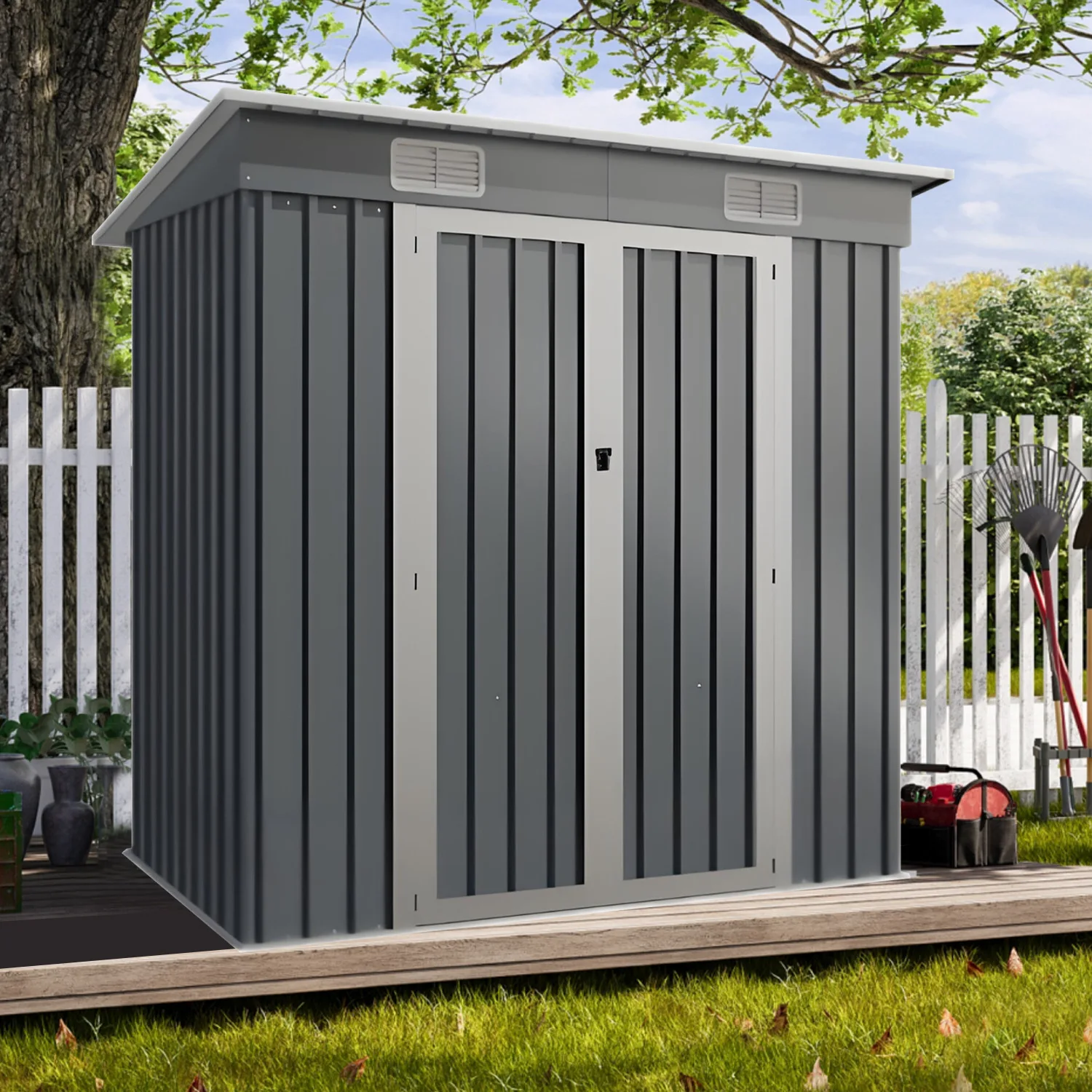 

Outdoor Simple Cabin Tool Shed Garden Storage Movable Colored Steel Prefab House All-in-One Outdoor Patio Set