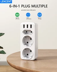 LENCENT EU Plug Multi Wall Socket Extender Power Strip with AC Outlets  USB Ports  Adapter Overload Protection for Home/Office