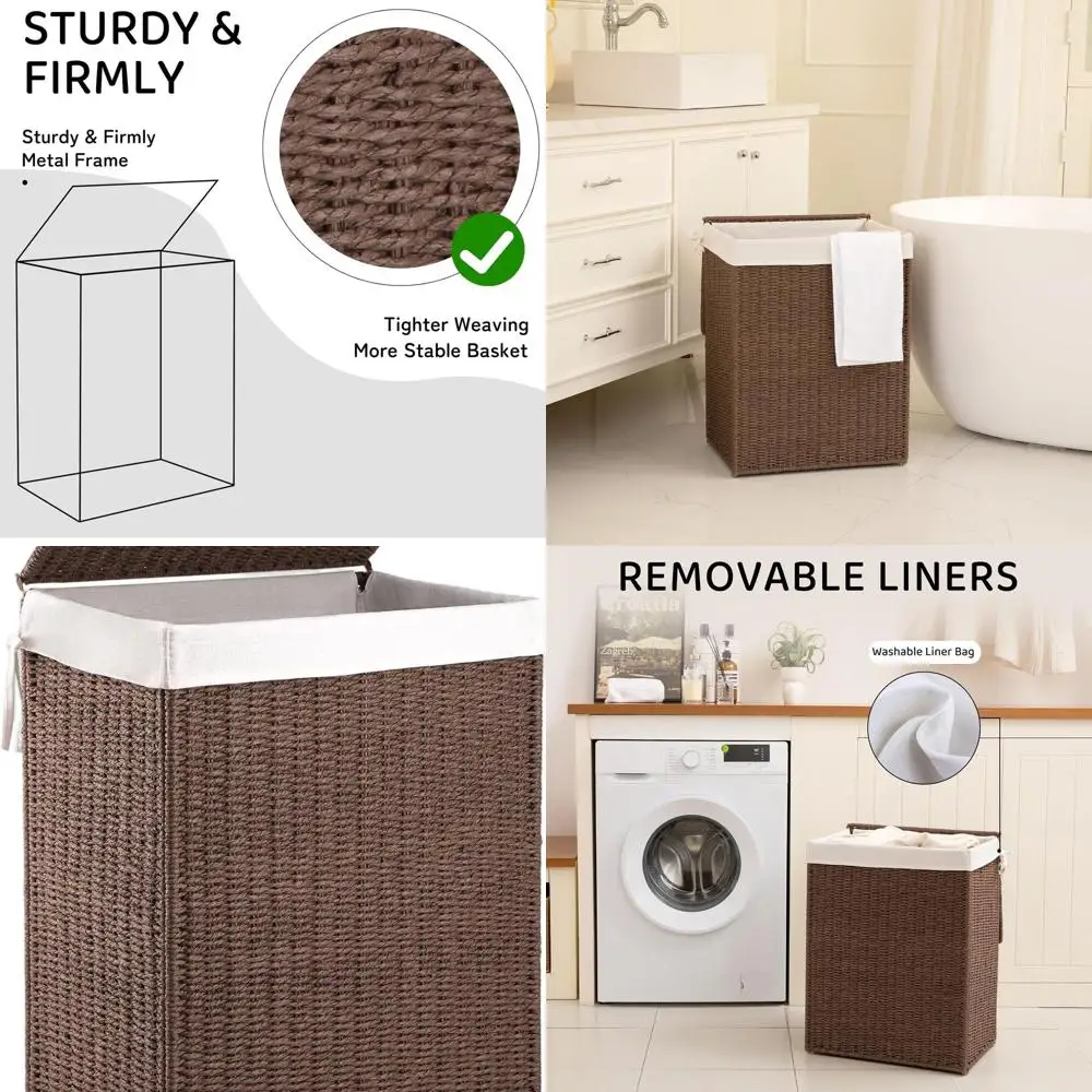 

Складная плетеная корзина с крышкой, вместимость 90 л, съемная подкладка, корзина для бумажной веревки для стирки и спальни — коричневый