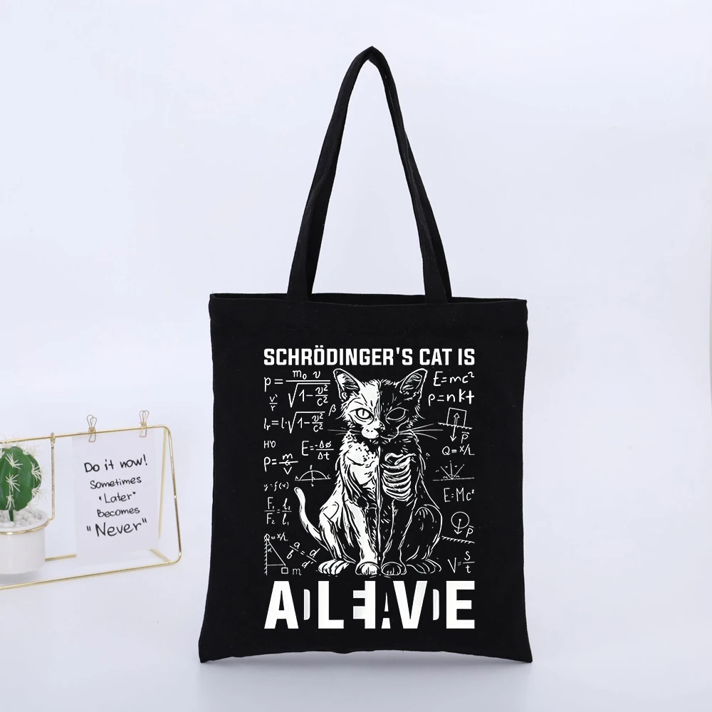 Cat and Science Formula Print Canvas Tote Bag, Typography Style for Daily Shopping and Casual Outings