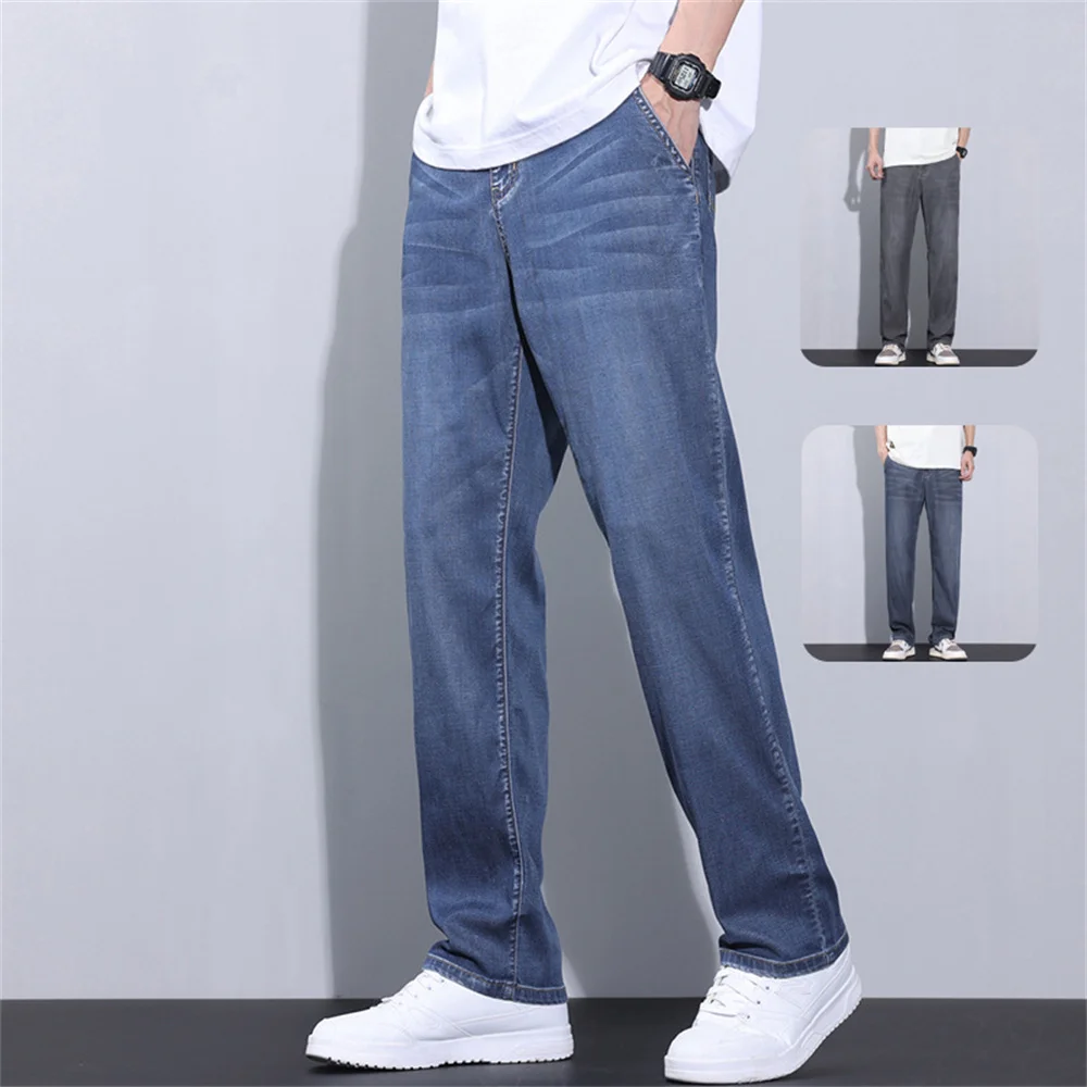 

Tencel Thin Jeans Men's summer Lyocell Ice silk loose straight leg casual mid-high waisted men's denim pants