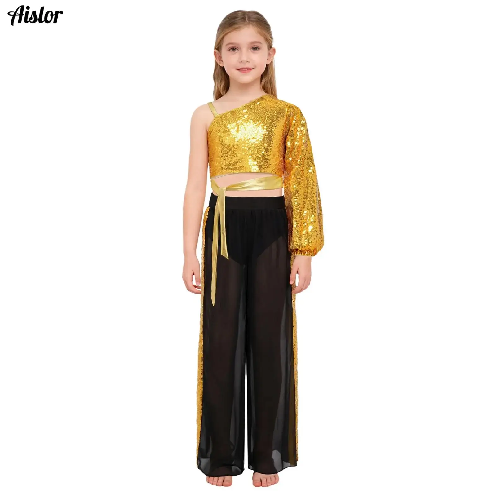 

2Pcs Kids Girls Sequins Jazz Lyrical Dance Outfit One Shoulder Long Sleeve Zipper Self-Tie Crop Top with Chiffon Wide-Leg Pants