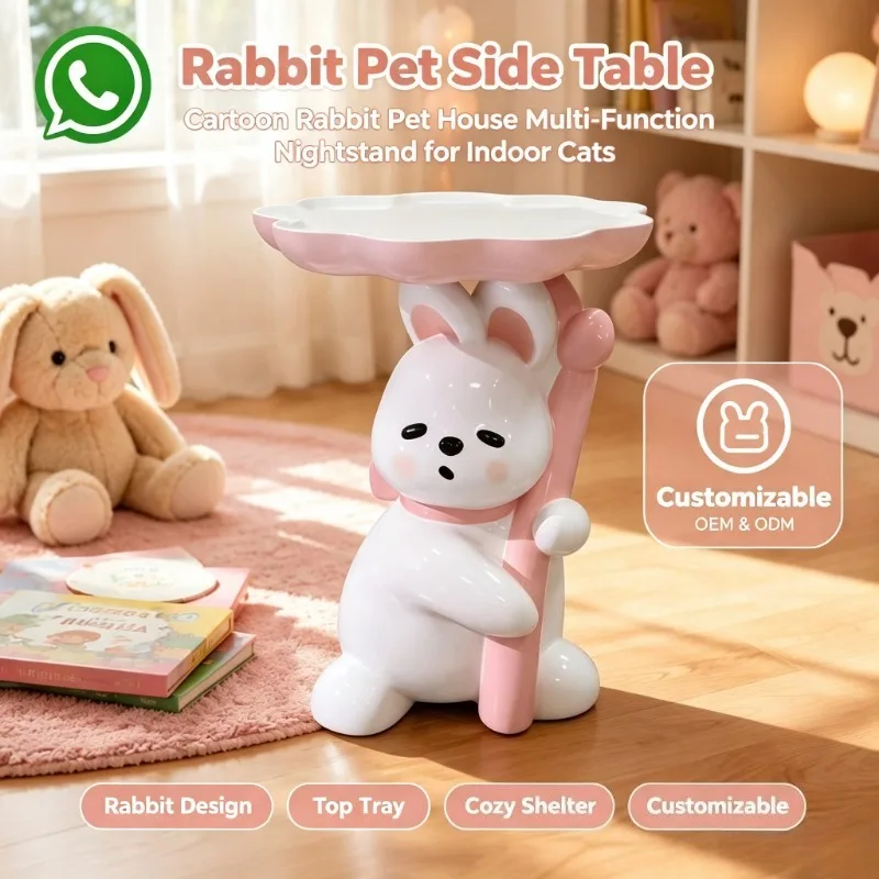 Cute Rabbit Sculpture Side Table, Creative Flower Tray Top End Table, Art Decor Accent Side Table for Living Room Bedroom Home