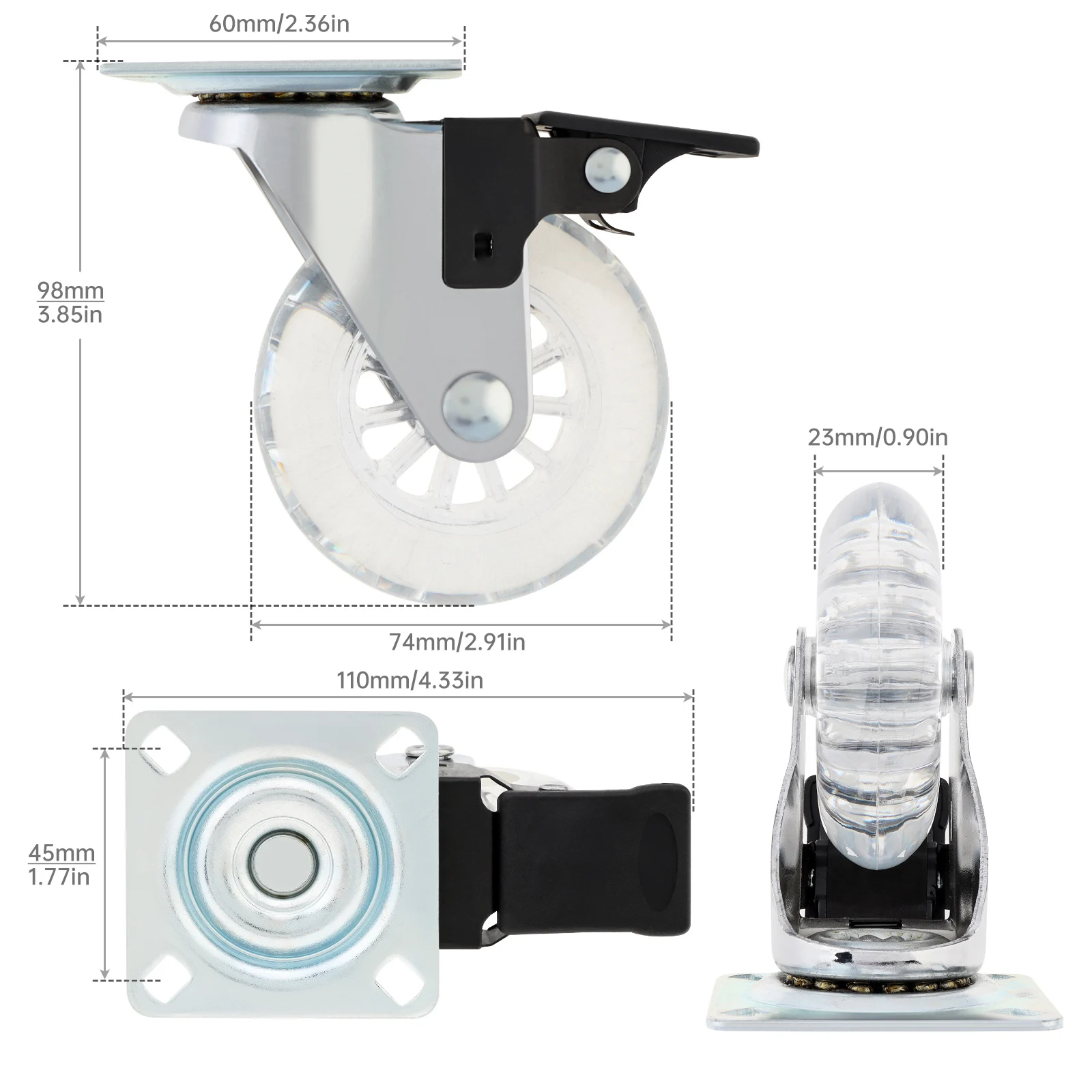 8pcs 3 Inch Caster Wheels PU Crystal Universal Brake Wheels for Carts / Dressers / Cabinet with Screws, Screwdriver Tool