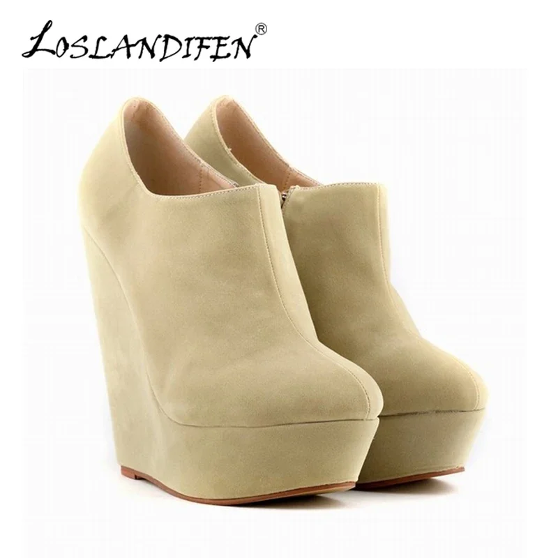 LOSLANDIFEN Autumn Winter Boots For Women Wedges Platform High Heels Flock Women\'s Ankle Fashion Short Boot Shoes Woman Pumps