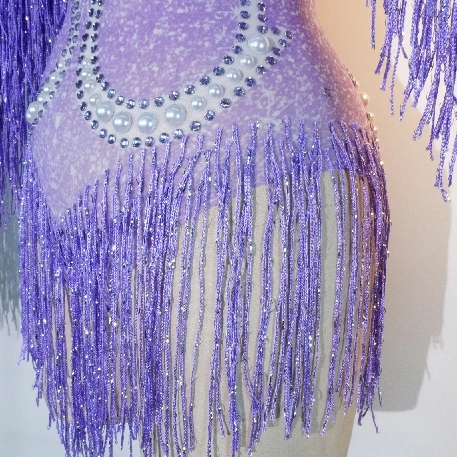 women's night club suit rhinestone fringe Long sleeves bodysuit mesh jumpsuit  Prom Pole Jazz dance Queen drag Halloween outfit